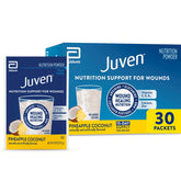 Juven presentación frontal del paquete mostrando sobres y sabor piña coco, conveniencia