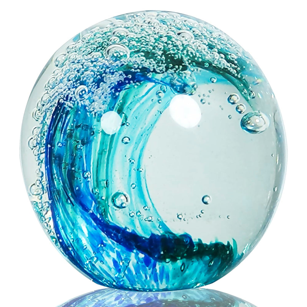 JUYOULE bola de vidrio frontal mostrando tonos azules y forma de ola