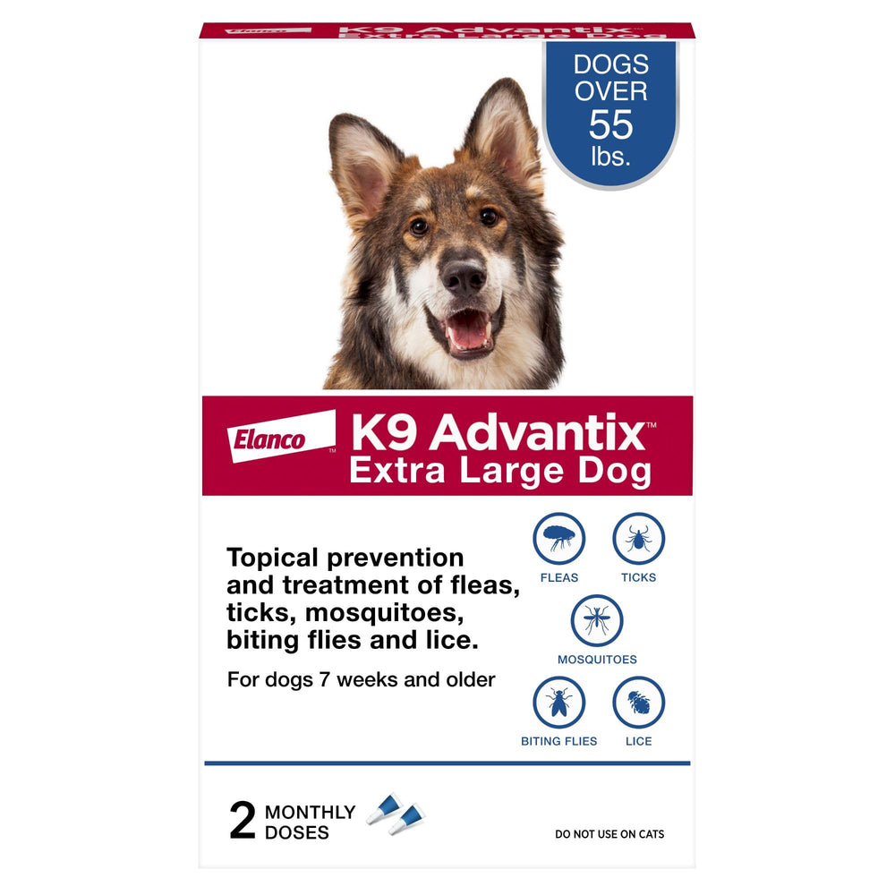 K9 Advantix vista frontal del envase mostrando la presentación de 2 tratamientos