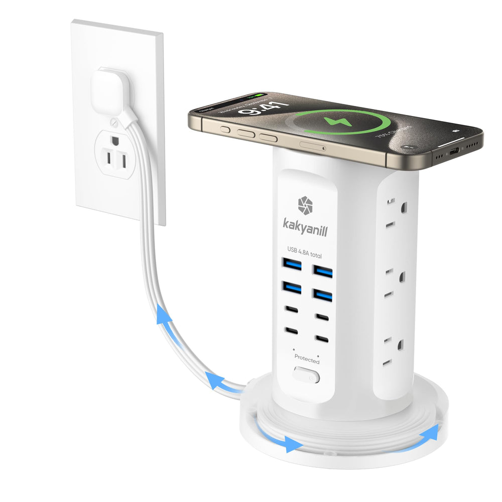 kakyanill torre frontal mostrando 9 tomas AC y 8 puertos USB, orden y capacidad