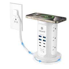 kakyanill torre frontal mostrando 9 tomas AC y 8 puertos USB, orden y capacidad