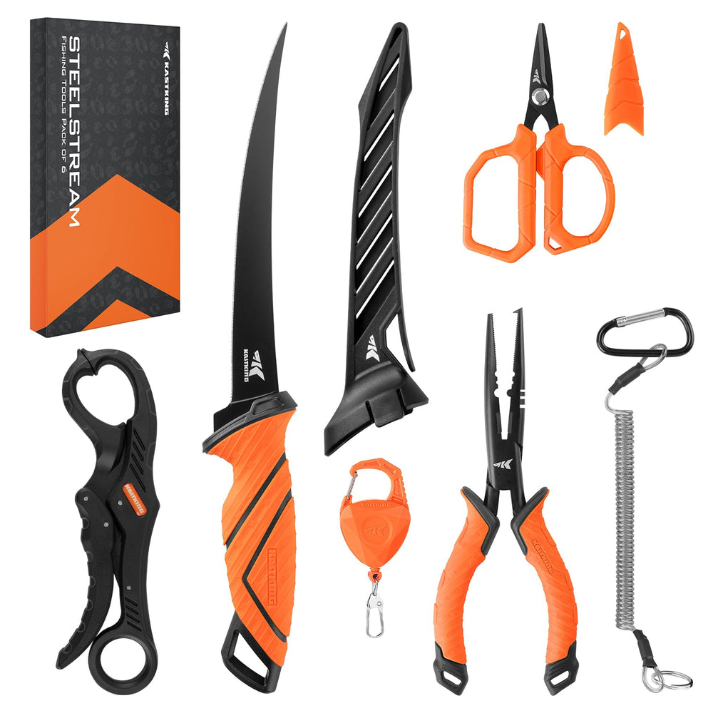 KastKing vista frontal del kit SteelStream con todas las herramientas visibles, práctico para preparación