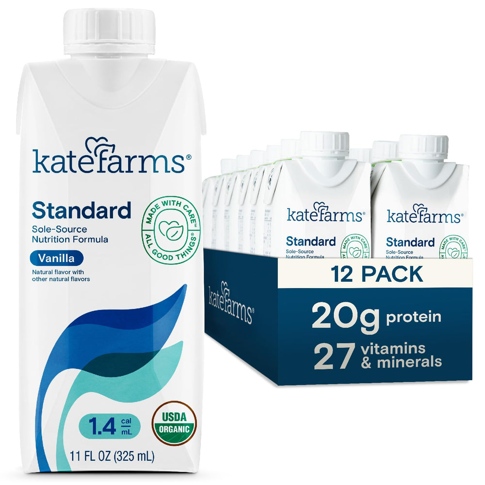 KATE FARMS frontal del envase mostrando sabor vainilla y beneficios orgánicos