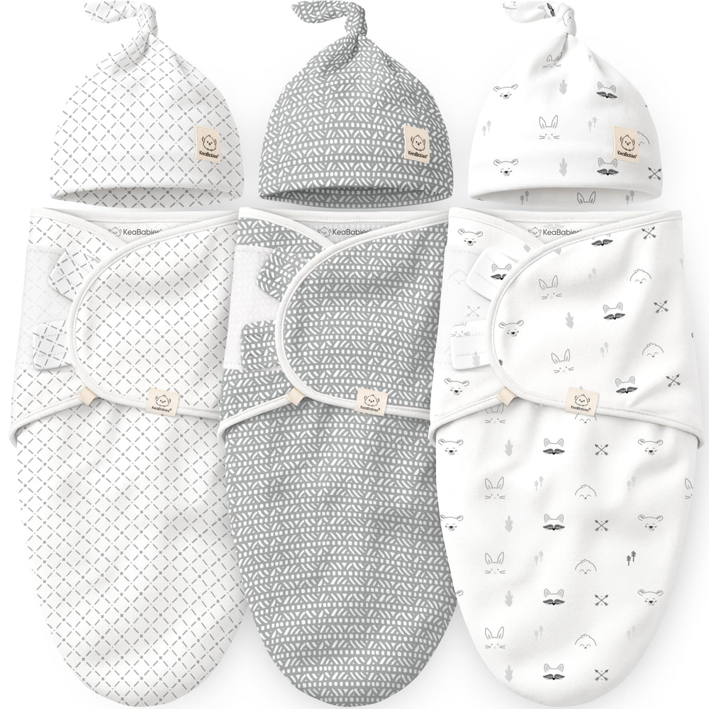 KeaBabies front packaging showing three-piece swaddle set and hat - convenient gifting