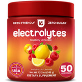 Keppi envase frontal sabor frambuesa-limonada mostrando 50 porciones y ventaja de duración