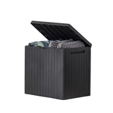 Keter caja City 30 Gal vista frontal con tapa, solución de almacenamiento compacta