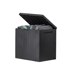 Keter caja City 30 Gal vista frontal con tapa, solución de almacenamiento compacta