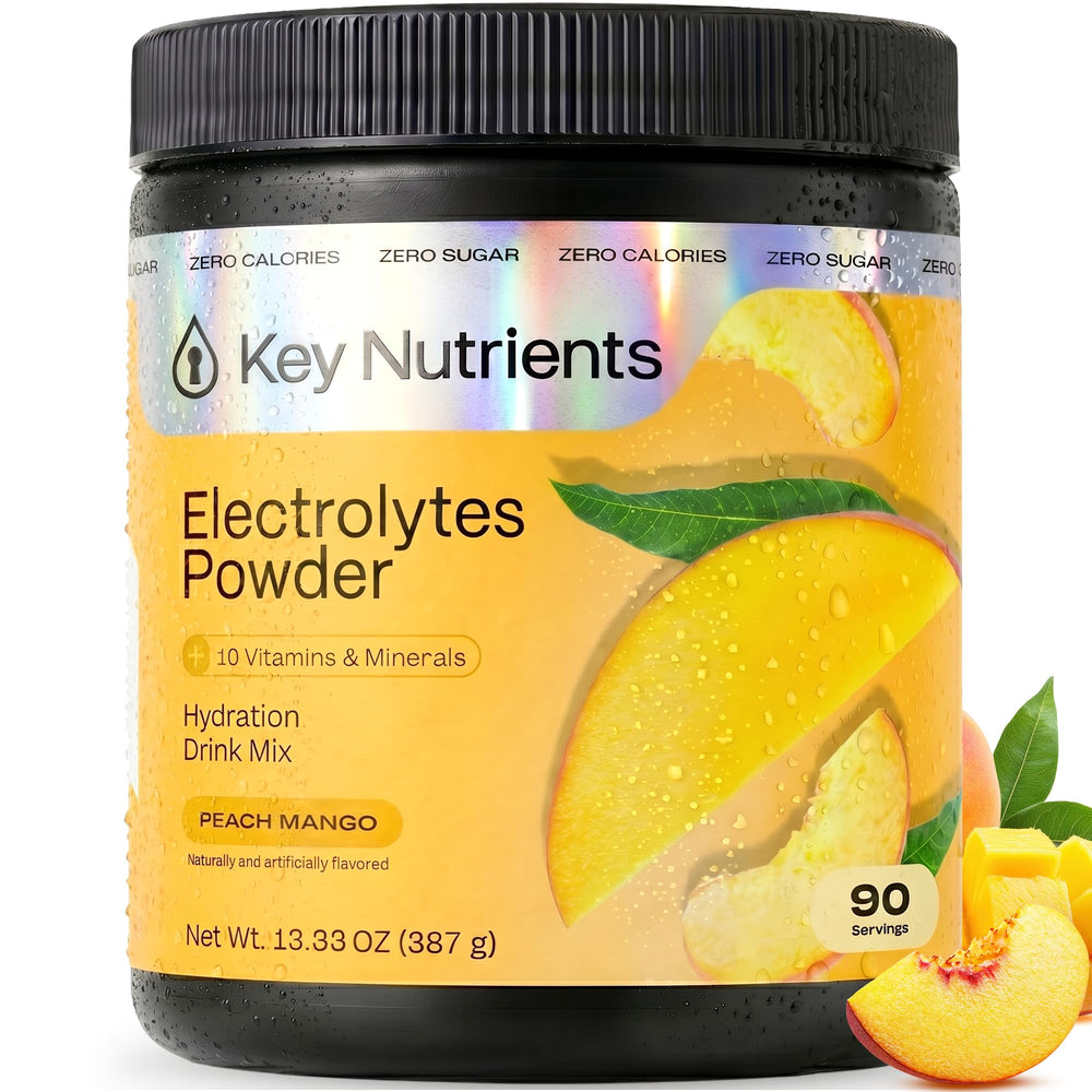 KEY NUTRIENTS envase frontal Peach Mango mostrando 90 porciones y beneficio de duración