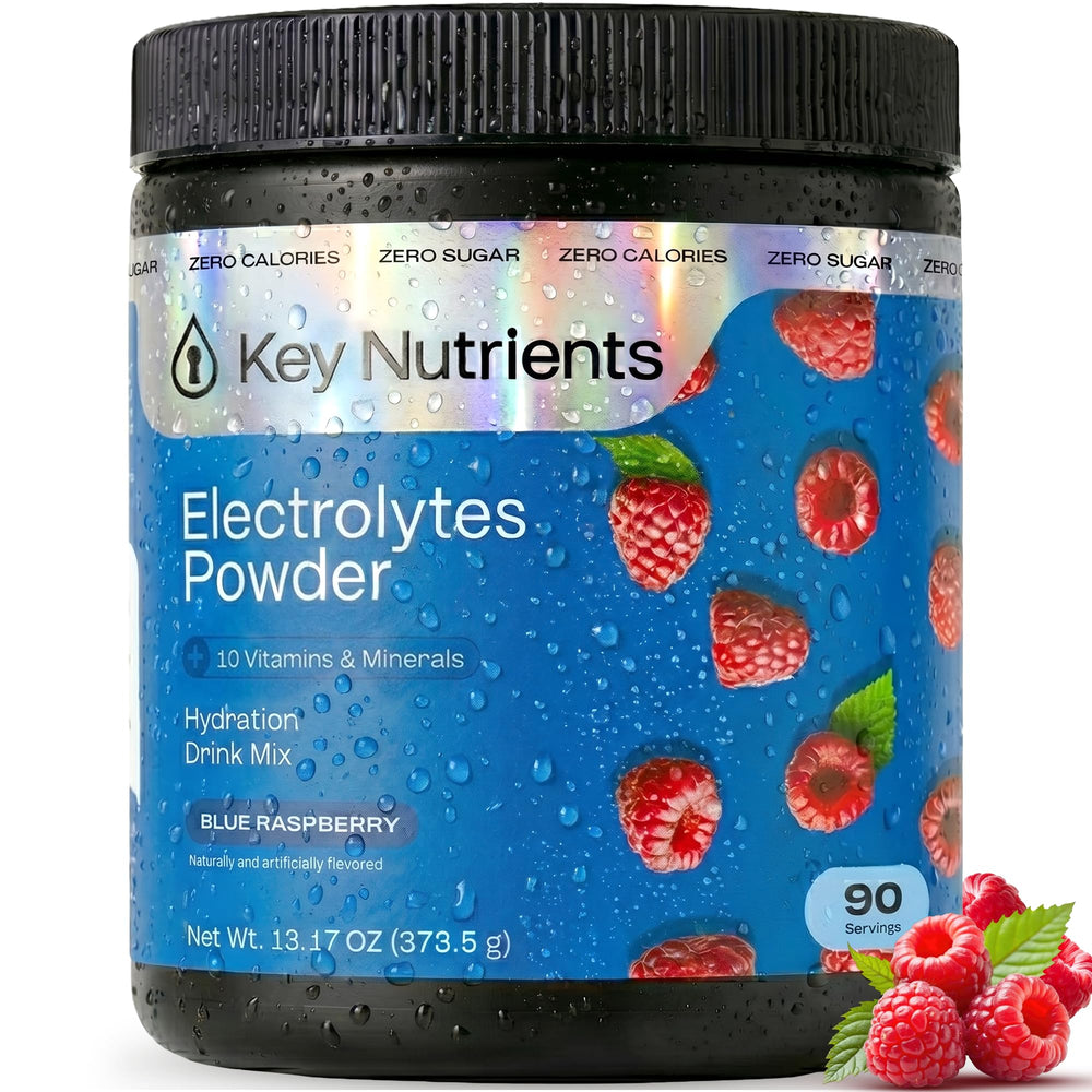 KEY NUTRIENTS envase frontal mostrando 90 porciones y sabor Blue Raspberry para hidratación rápida