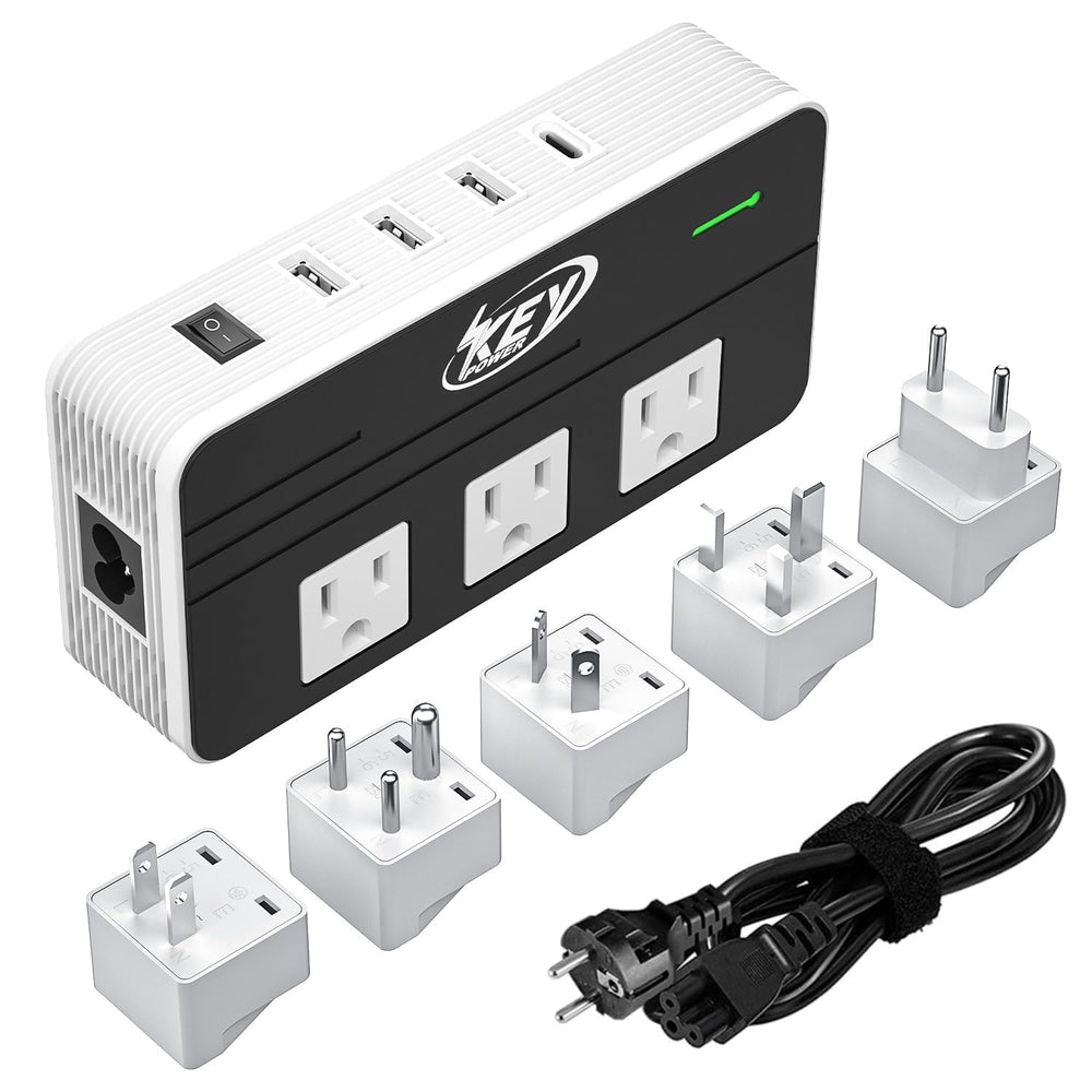 Key Power vista frontal del convertidor mostrando todas las tomas y puertos para viajar con seguridad