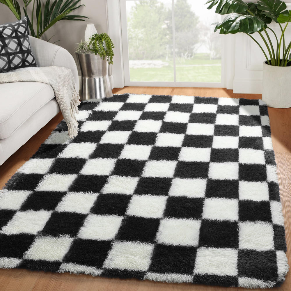 KICMOR vista frontal de la alfombra ajedrez, aporta estilo moderno
