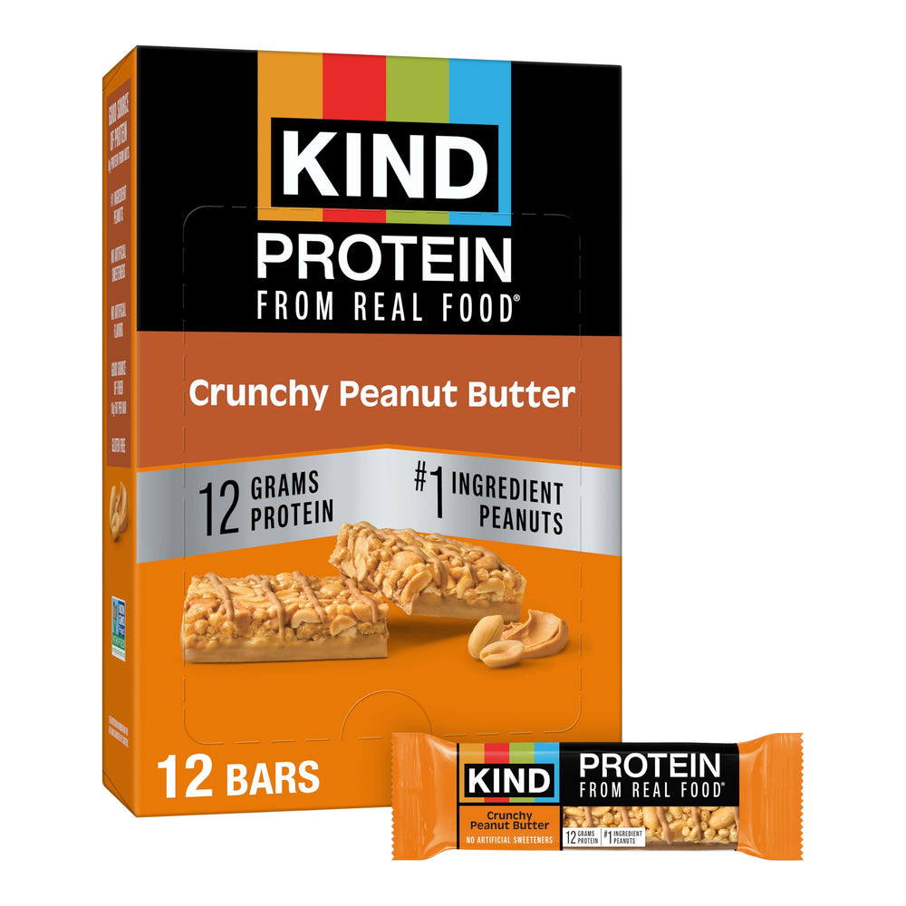 KIND empaque frontal de Crunchy Peanut Butter mostrando tamaño y 12 g proteína