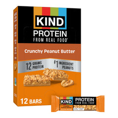 KIND empaque frontal de Crunchy Peanut Butter mostrando tamaño y 12 g proteína