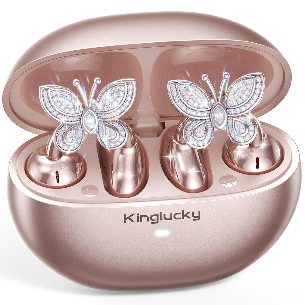 Kinglucky frontal muestra estuche y auriculares, elegante y práctico
