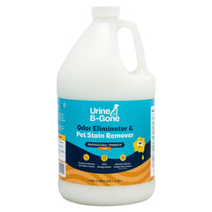 Kinzua Environmental envase frontal de Urine B-Gone mostrando el tamaño de 1 galón y potencia