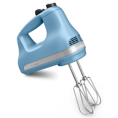 KitchenAid batidora de mano frontal Blue Velvet mostrando controles y diseño ergonómico