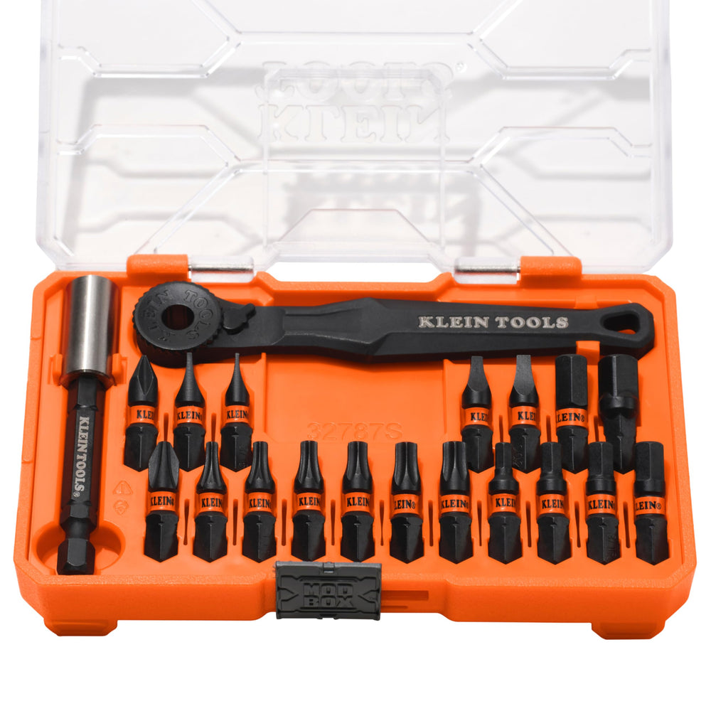 Klein Tools estuche frontal compacto mostrando el set y transporte fácil