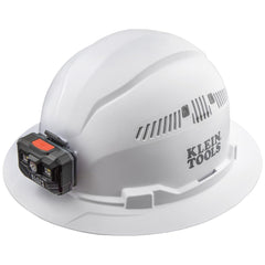 Klein Tools casco frontal blanco mostrando protección y estabilidad