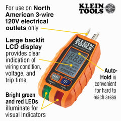 Klein Tools RT250 primer plano de la pantalla LCD mostrando voltaje
