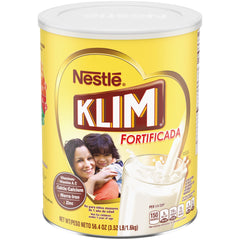 KLIM envase frontal de 56.4 oz mostrando la marca y fortificación