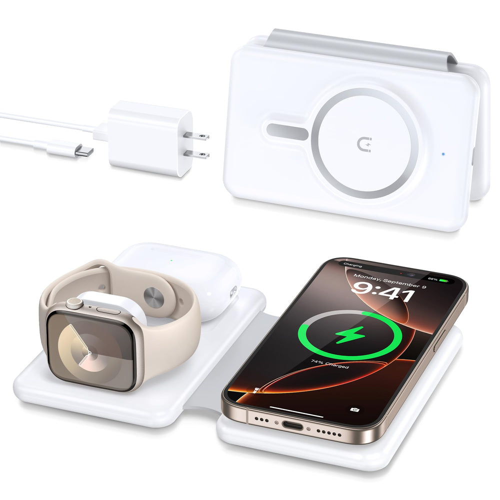 Knild estación de carga frontal mostrando iPhone y AirPods, organización eficiente