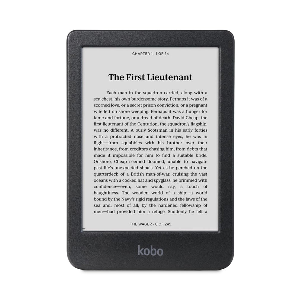 Kobo Clara BW vista frontal con pantalla nítida y lectura cómoda