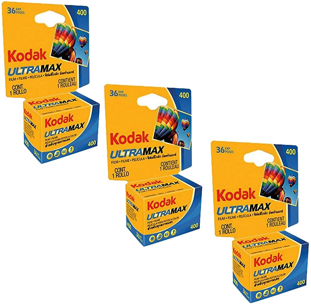 KODAK Ultramax 400 frontal del pack mostrando tres rollos y ahorro