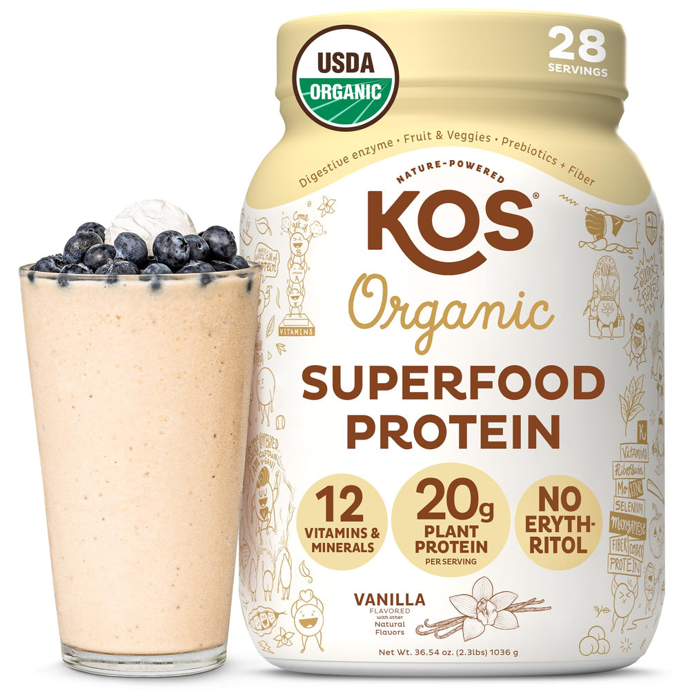 KOS polvo frente mostrando envase y sabor vainilla, beneficio claridad de ingredientes