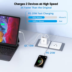 Kruidvat cargador en uso sobre mesa de trabajo cargando teléfono y tablet, beneficio orden