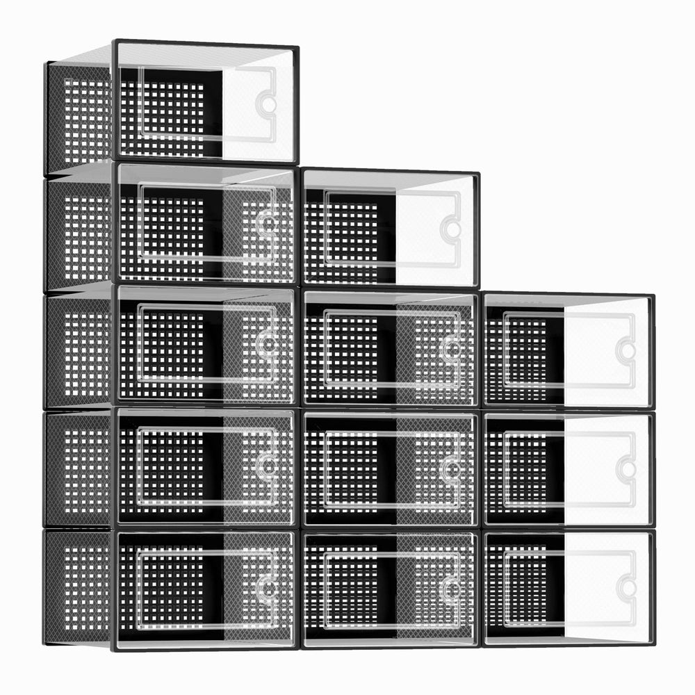 Kuject paquete frontal de 12 cajas transparentes mostrando organización eficiente