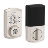 Kwikset Powerbolt 250 frente mostrando teclado y acabado satin nickel para una entrada moderna