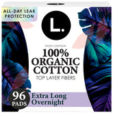 L. front packaging showing organic cotton and overnight claim for clear benefit