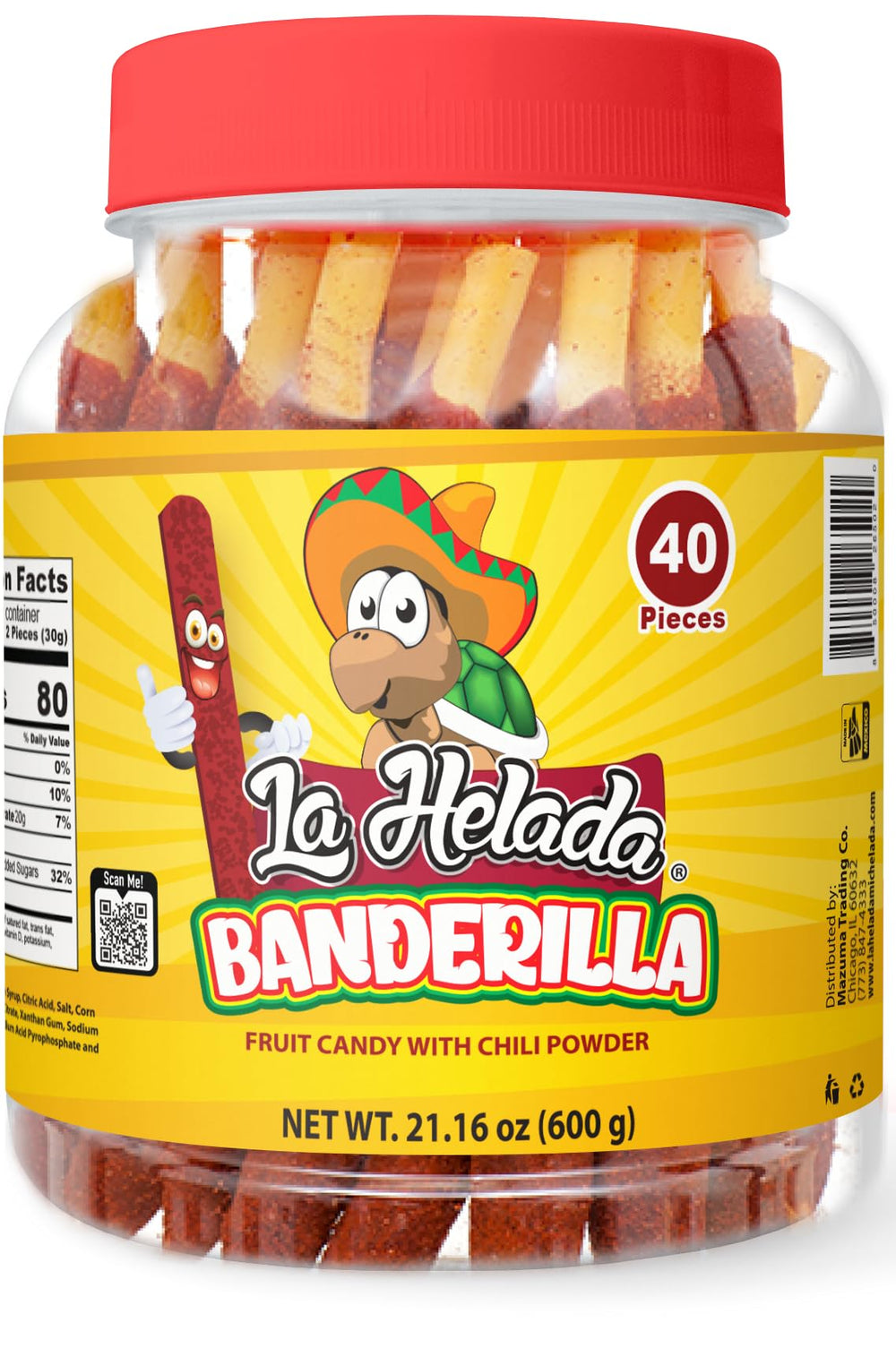 La Helada frasco frontal mostrando 40 banderillas sabor tamarindo y chile