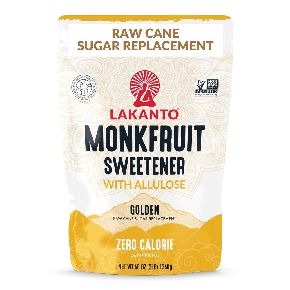 Lakanto bolsa frente mostrando diseño y tamaño, alternativa dulce práctica