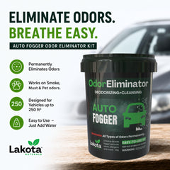 Lakota Naturals niebla dentro de coche ilustrando difusión rápida y alcance en tapicerías
