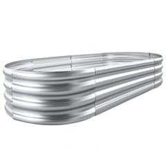 Land Guard front view of oval galvanized raised garden bed showing clean modern finish and durability