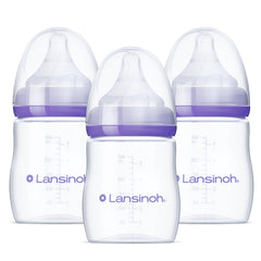 Lansinoh frente pack tres biberones mostrando diseño y capacidad