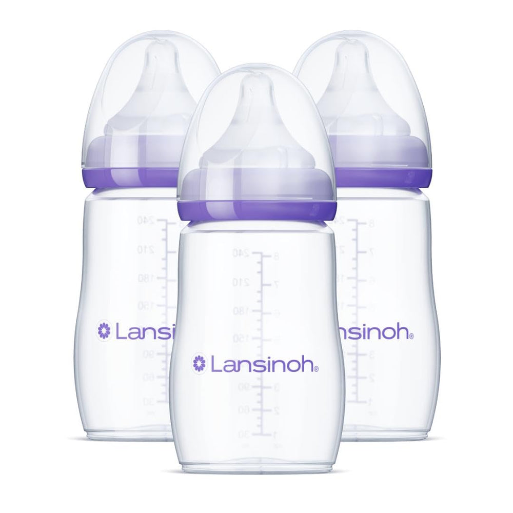 Lansinoh frontal del pack de tres biberones mostrando capacidad 8 oz y etiquetas
