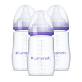 Lansinoh frontal del pack de tres biberones mostrando capacidad 8 oz y etiquetas