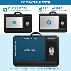 LapGear Home Office Pro en uso sobre un sofá con portátil, soporte cómodo y portátilidad