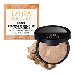 LAURA GELLER empaque frontal del polvo balance-n-brighten mostrando tono Fair y beneficio de cobertura natural
