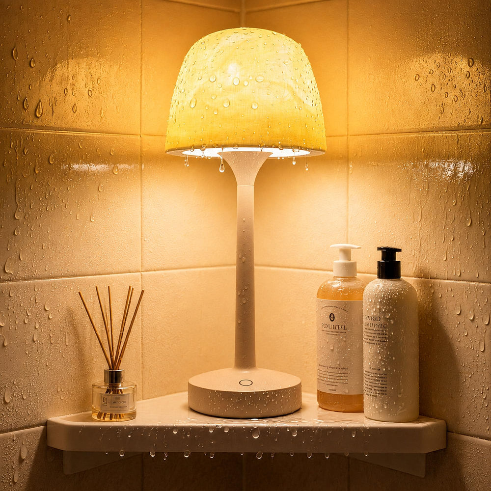 lazukes lámpara frontal en baño mostrando diseño impermeable y ambiente relajante