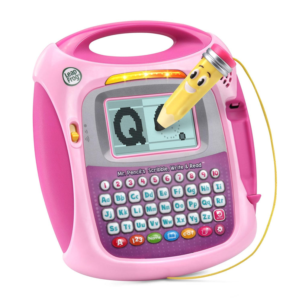 LeapFrog paquete frontal del juguete Mr. Pencil en rosa mostrando la caja y beneficios