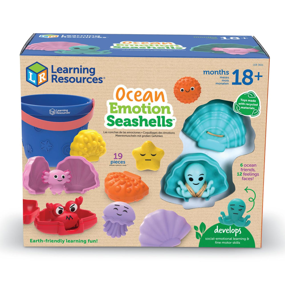Learning Resources vista frontal del cubo con todas las piezas y beneficio de organización