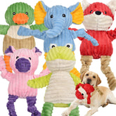 LECHONG vista frontal del paquete con cinco peluches que entretienen