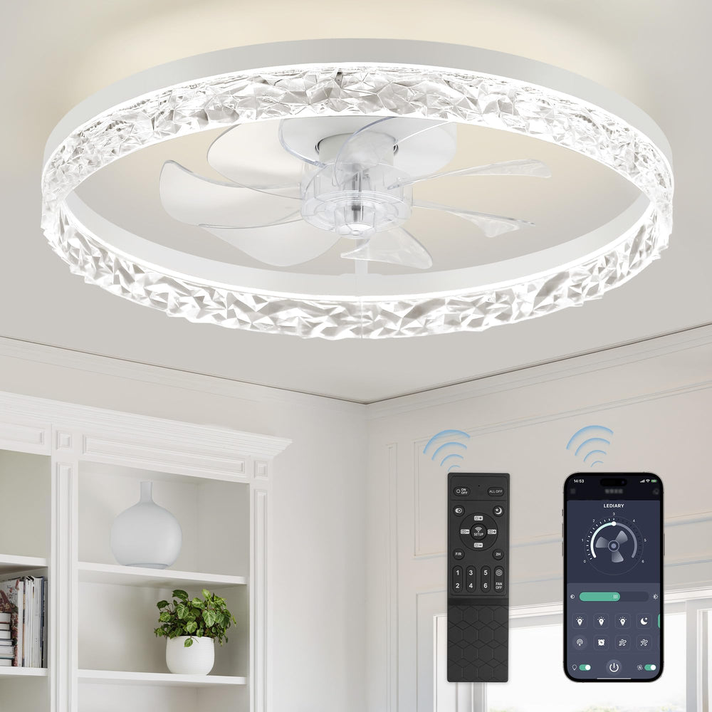 LEDIARY vista frontal del ventilador blanco con luz, aspecto moderno y ahorro