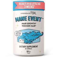 Legendairy Milk frontal del embalaje mostrando fórmula Mane Event y beneficios