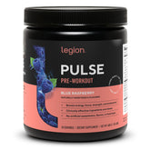 LEGION bote Pulse frontal mostrando diseño y sabor blue raspberry, ideal para pre entreno