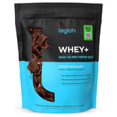 LEGION paquete frontal de Whey+ chocolate mostrando diseño y beneficio pureza