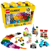 LEGO caja grande frontal con piezas y tapa, organización y acceso rápido